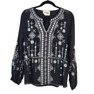 Savanna Jane Blouse Women's M Black White Gray Embroidered Boho Chic Western